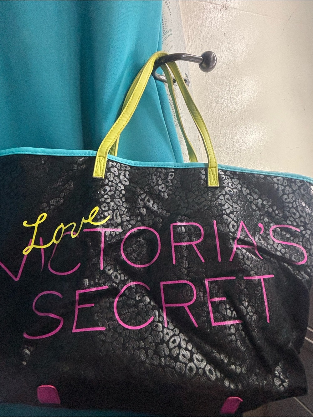 Victoria's Secret Black Tote with Pink Logo and Yellow Handles